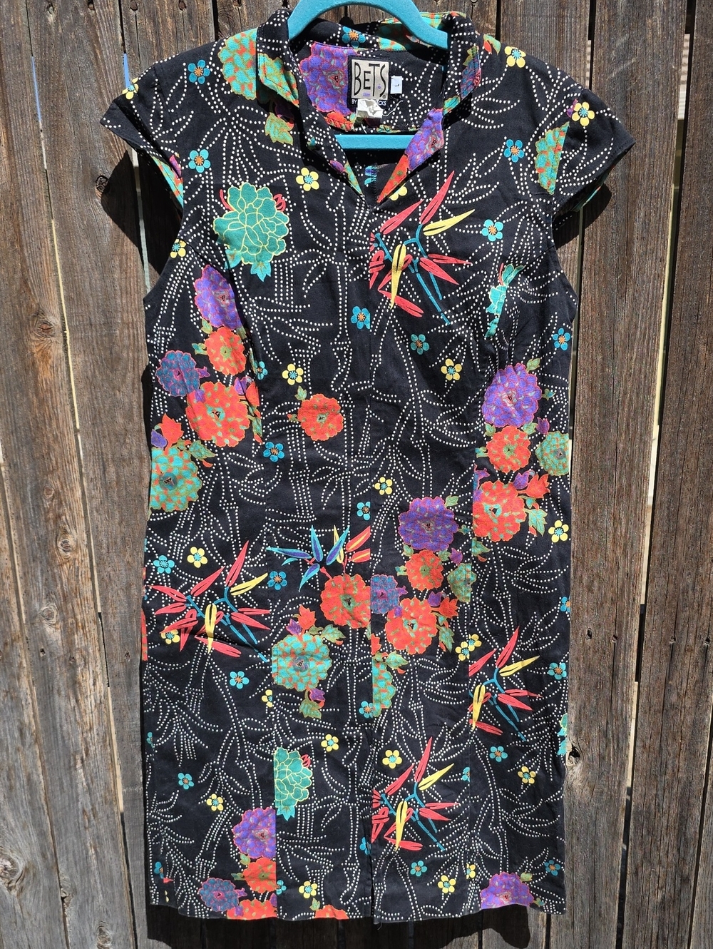 Vintage 90s  Black Bright Floral Cap-Sleeve Dress  Multicolor Blooms Made In USA